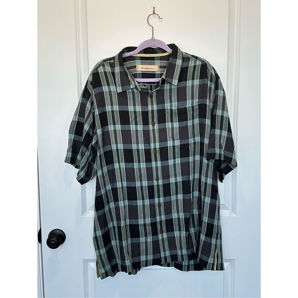 Tommy Bahama Gray Plaid 100% Silk Button Down Shirt Size XL